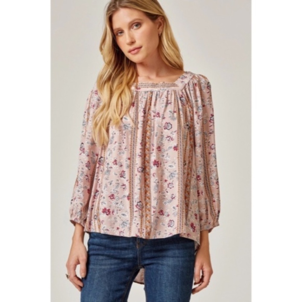 Mauve Bohemian Floral Print Peasant Long Sleeve Tie Back Square Neck Blouse - Picture 4 of 6